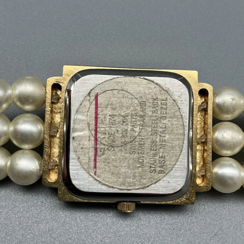 Gruen Womens Watch 22mm Square MOP Faux Pearl Band Gold Tone New Battey 7.25